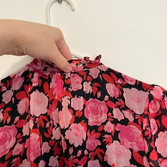 TAMARA H. Short Sleeve Double Ruffle V-Neck Chiffon Blouse Black Pink Red Floral - Picture 14 of 14